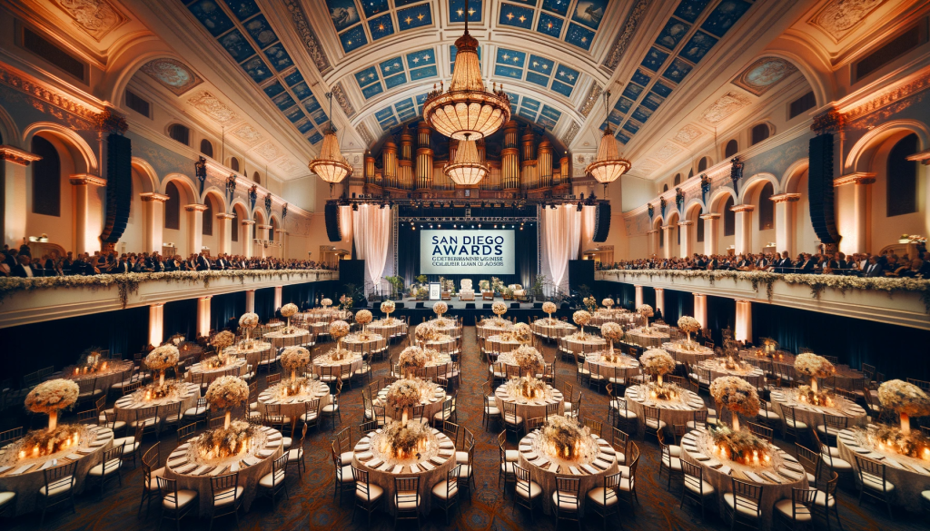 An elegant event hall in San Diego, set up for an awards ceremony with high ceilings, chandeliers, and a stage with banners reading "San Diego Awards: A Celebration of Local Brilliance and Achievement." Round tables with white tablecloths and floral centerpieces fill the room, lit by a warm, inviting glow.