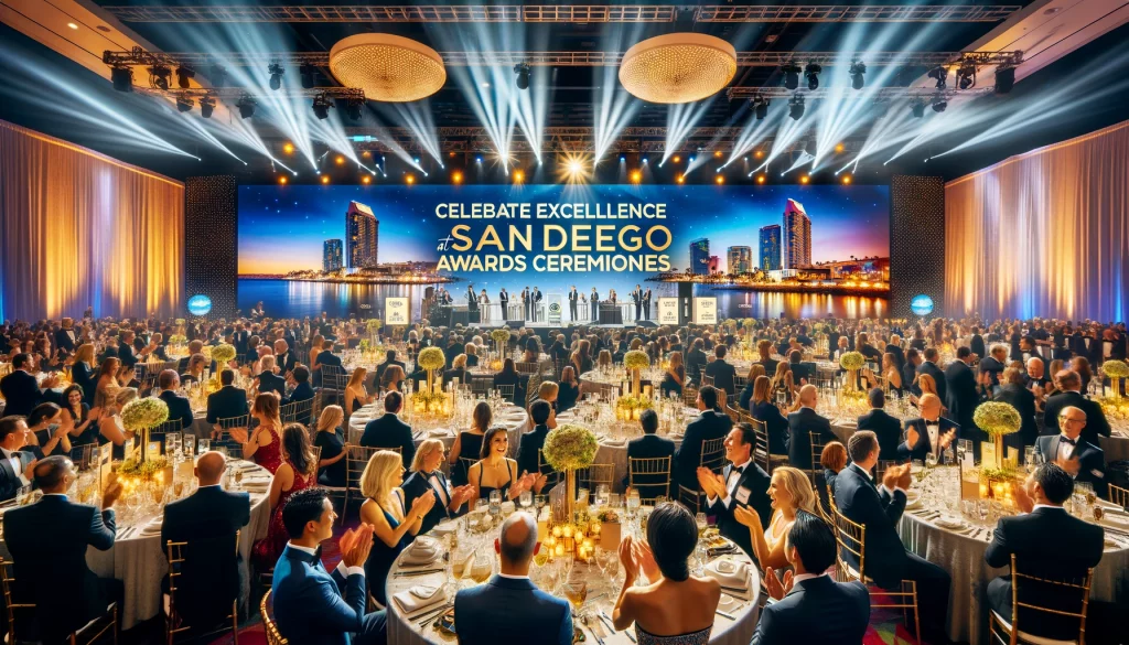 Vibrant awards ceremony in San Diego with elegantly dressed attendees, grand stage, and city skyline.